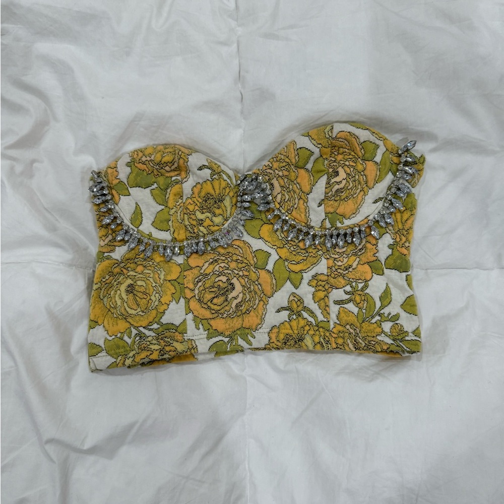 Zara Floral Strapless Crop Top - Yellow and Green